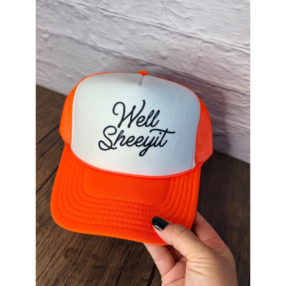 Well Sheeyit Neon Orange White Trucker Hat Snapback Mesh Cap Graphic Hat - Picture 4 of 5